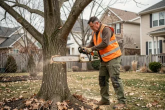 Arboriste en gilet orange abattant un arbre avec une tronçonneuse dans un jardin en fin d'hiver