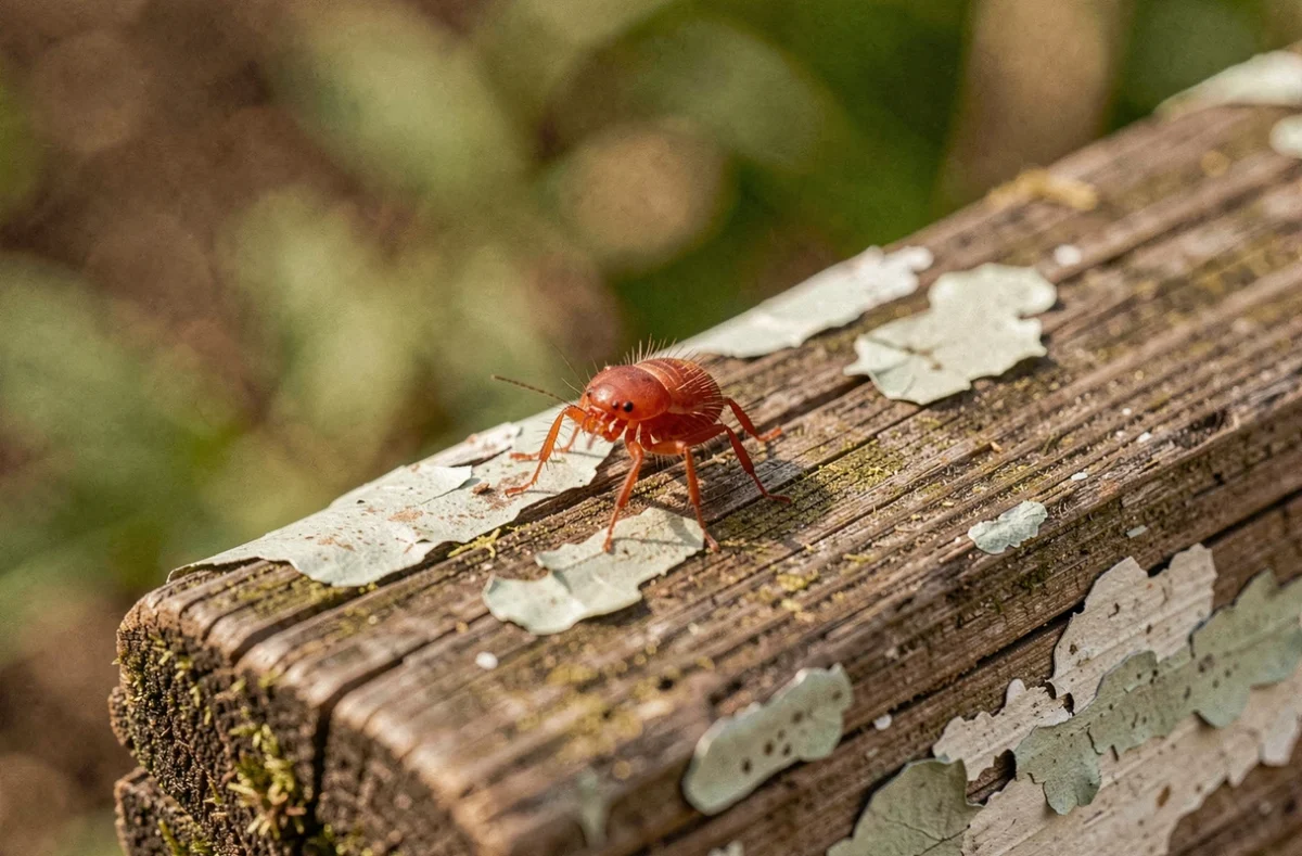 Acarien rouge minuscule sur une clôture en bois vieilli au printemps