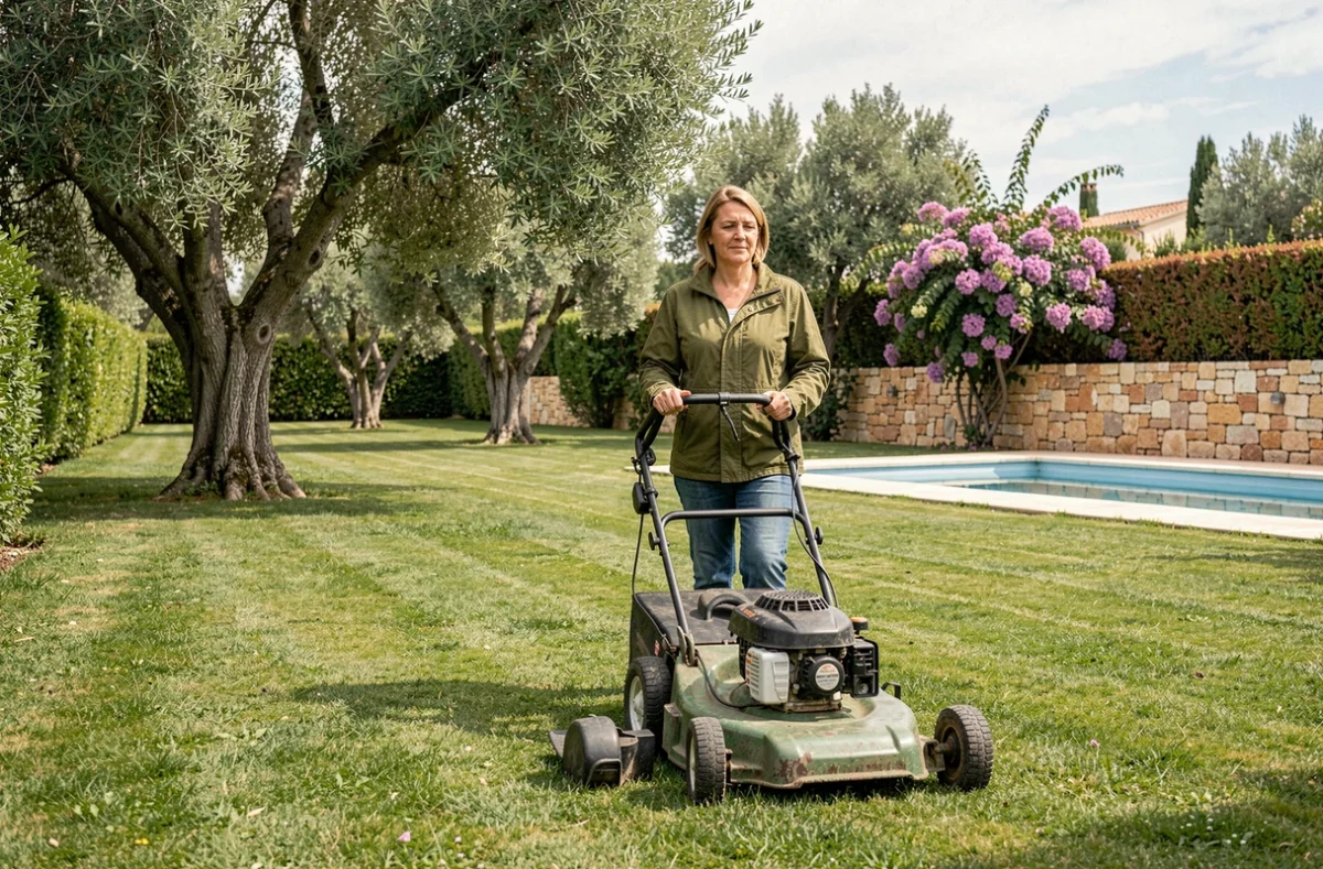 Professionnelle d'Accès Jardin tondant une pelouse entretenue dans un jardin résidentiel des Pyrénées-Orientales