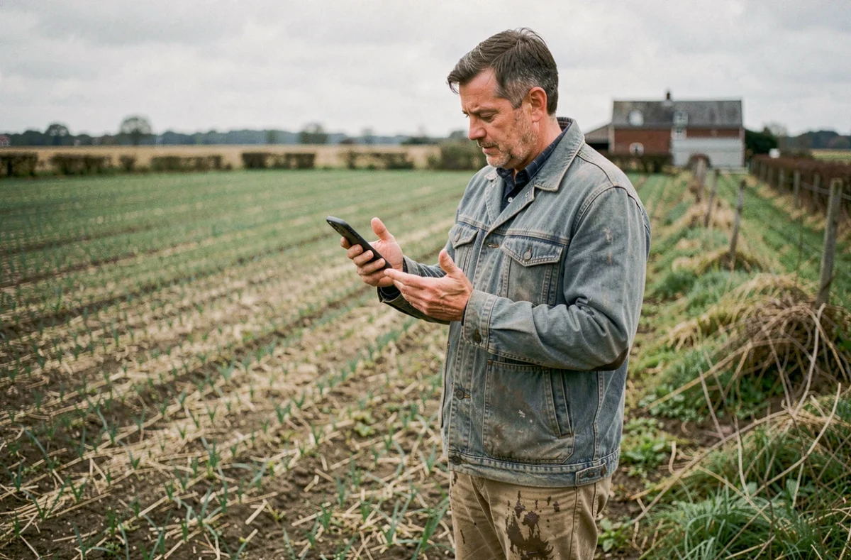 Agriculteur consultant une communauté en ligne sur l'agroécologie depuis son champ en polyculture