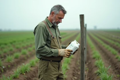Agriculteur lisant l'étiquette d'un herbicide à base de glyphosate 360g/l au bord d'un champ cultivé