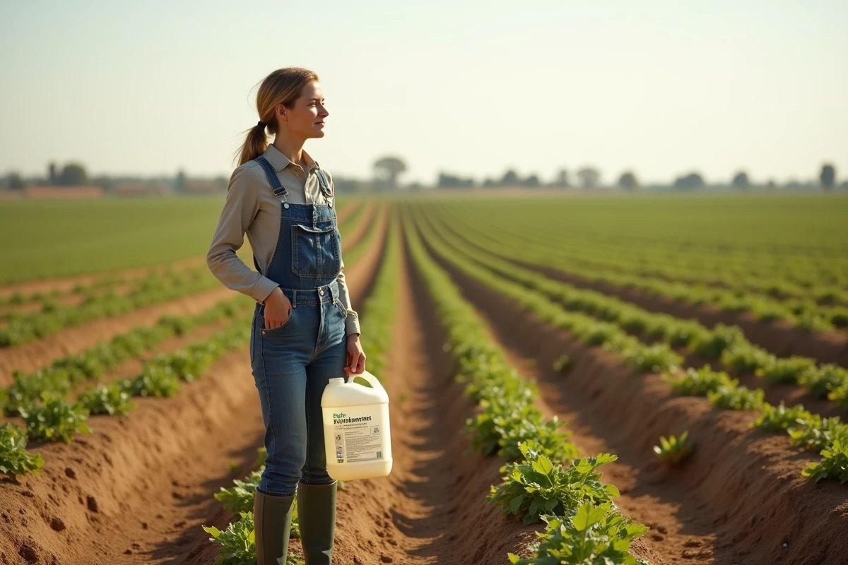 Agricultrice espagnole tenant un flacon d'herbicide d'un litre dans un champ cultivé
