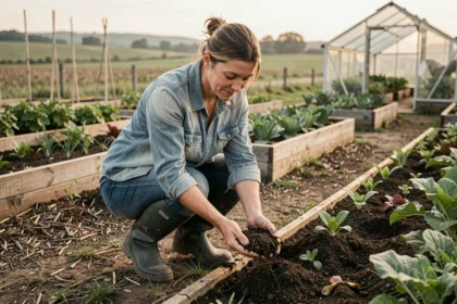 Agricultrice en transition agroécologique inspectant la terre dans un jardin maraîcher biologique