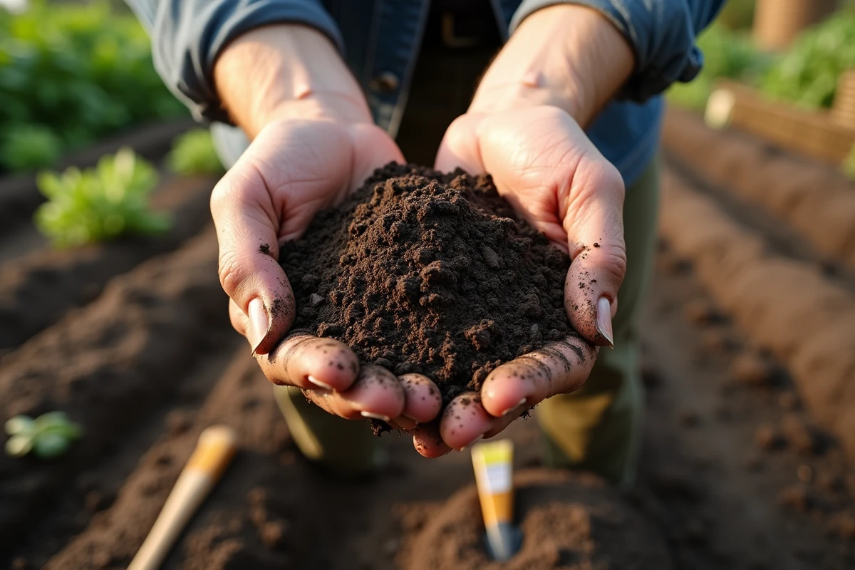Mains tenant un mélange de biochar et de fumier pour amender une terre pauvre avant la plantation au potager bio