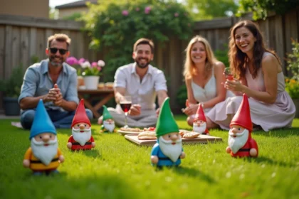 Groupe d'adultes jouant à un grand jeu de nain de jardin dans un jardin lors d'un apéro estival convivial