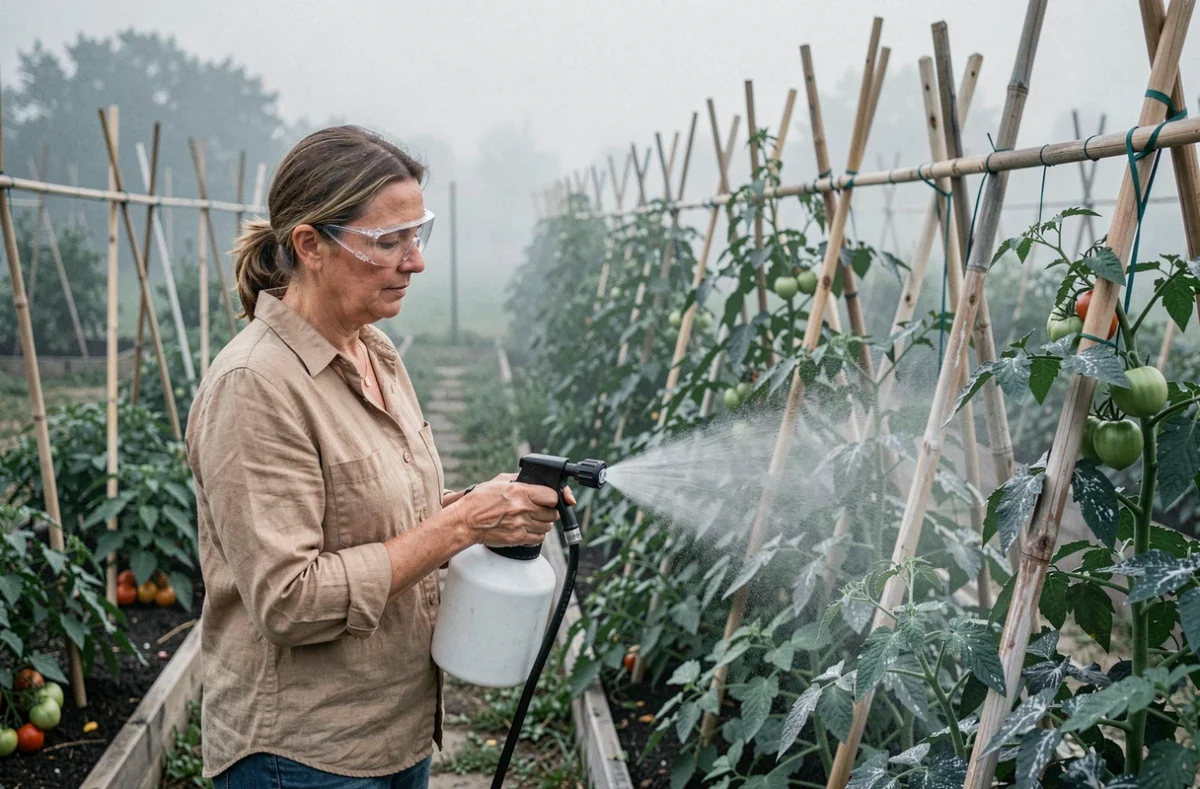Femme appliquant la bouillie bordelaise au pulvérisateur sur des plants de tomates dans un potager
