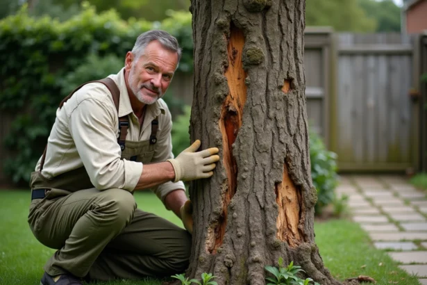 Arboriste inspectant les lésions d'un mûrier platane malade dans un jardin résidentiel