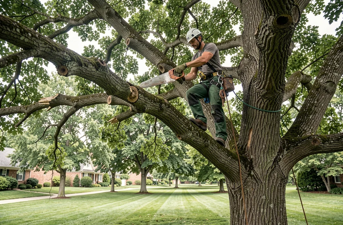 Arboriste professionnel en hauteur taillant un chêne avec équipement de sécurité