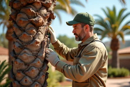 Arboriste injectant un traitement dans un palmier méditerranéen