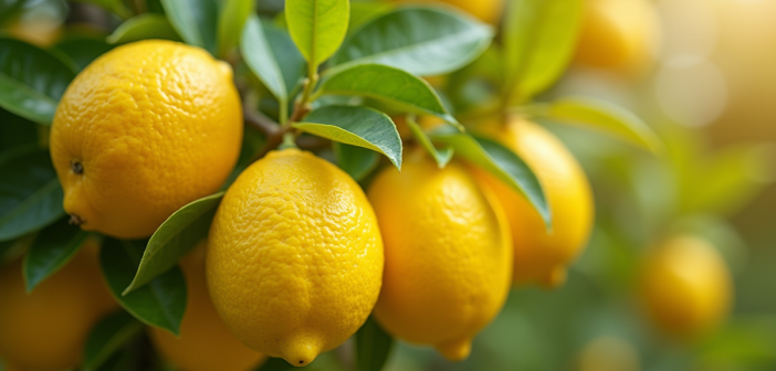 Arbre à citron avec fruits mûrs sous soleil éclatant
