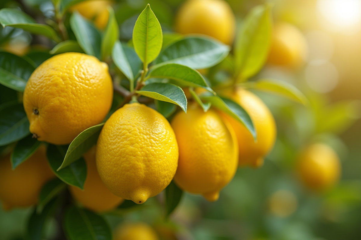 Arbre à citron avec fruits mûrs sous soleil éclatant