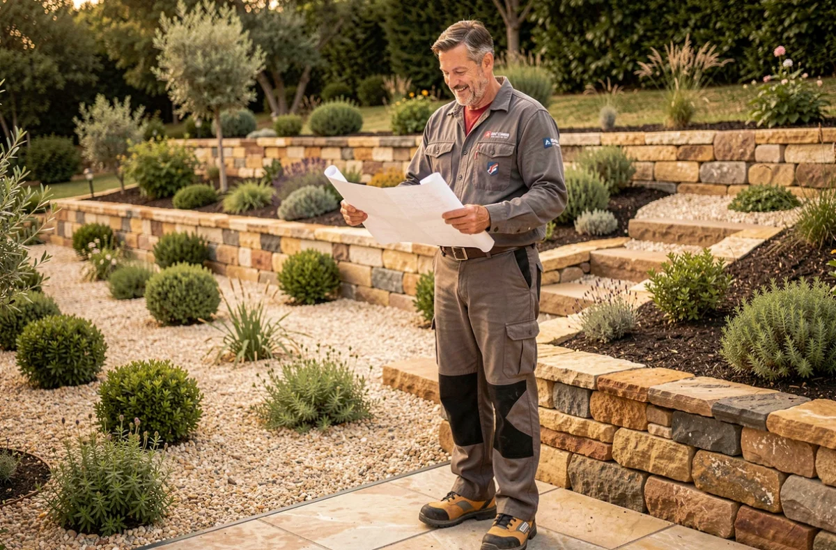 Paysagiste Arnaudiès debout sur une terrasse nouvellement aménagée en style provençal dans les Pyrénées-Orientales