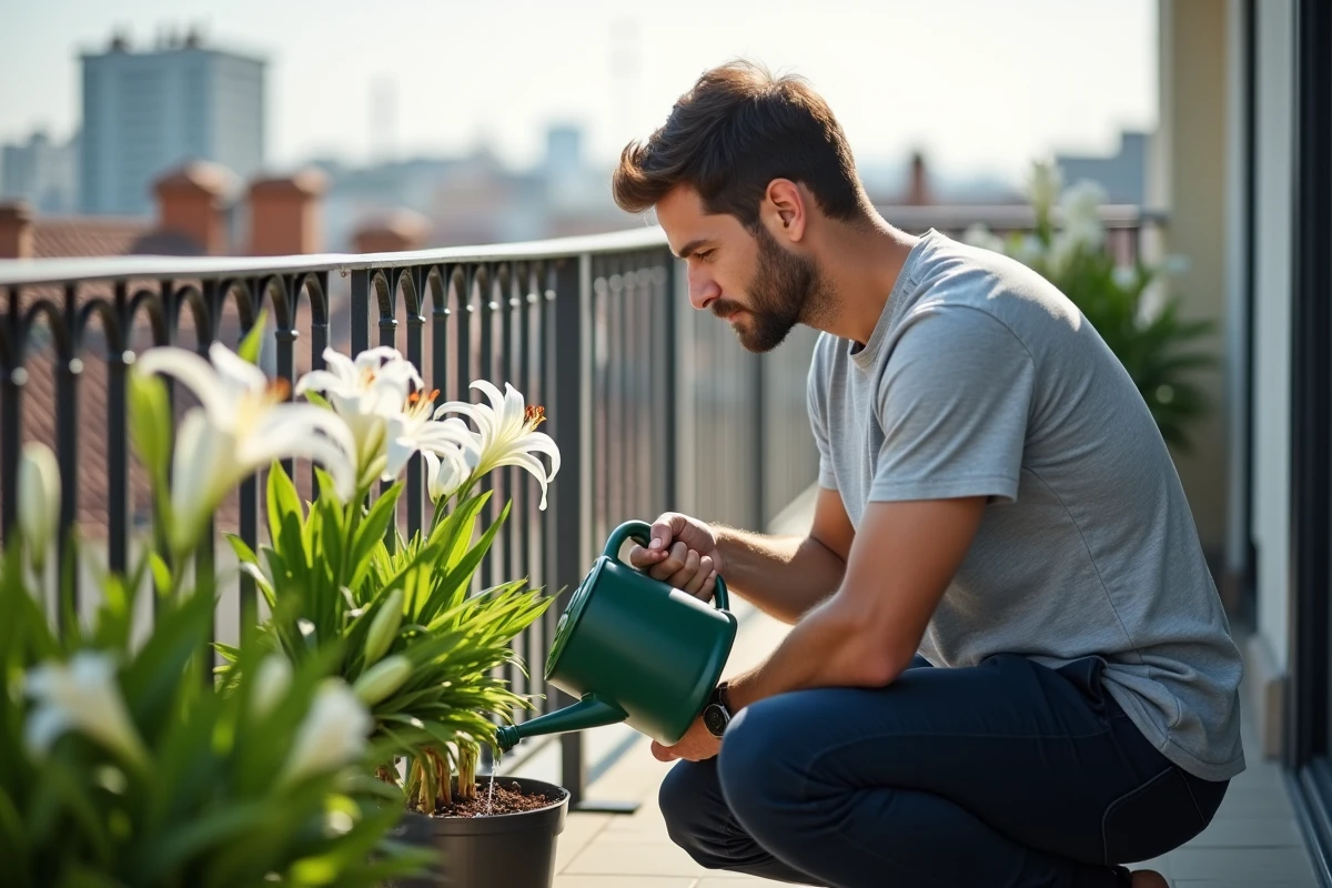 Homme arrosant un lys blanc en pot sur un balcon urbain avec un arrosoir vert