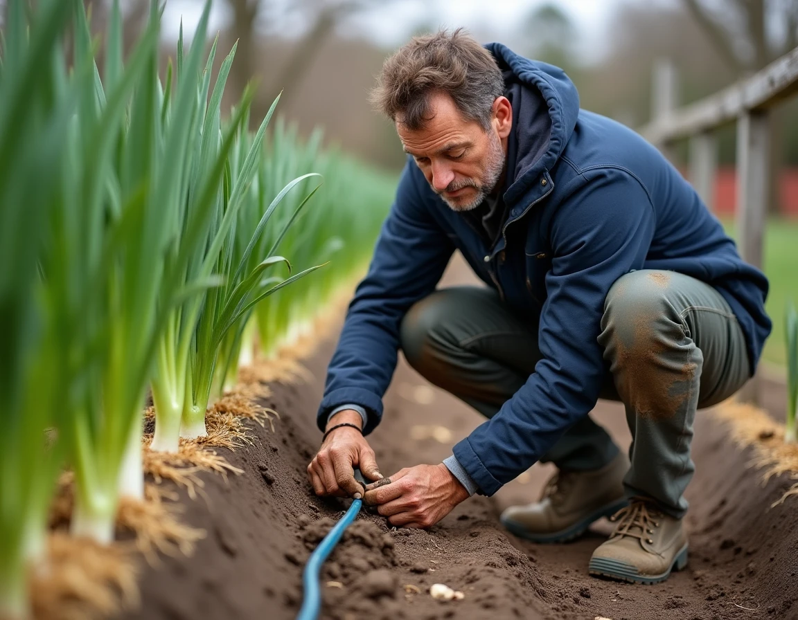 Jardinier installant un système d'irrigation goutte-à-goutte sur des poireaux cultivés en buttes dans un potager