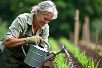 Femme arrosant des poireaux plantés en rangs classiques dans un potager avec un arrosoir en métal