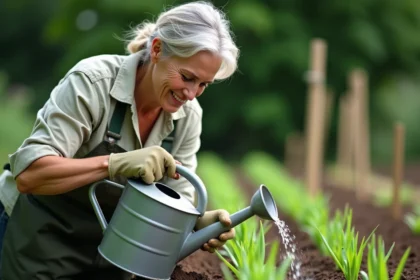 Femme arrosant des poireaux plantés en rangs classiques dans un potager avec un arrosoir en métal
