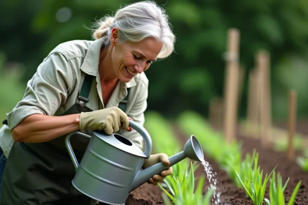 Femme arrosant des poireaux plantés en rangs classiques dans un potager avec un arrosoir en métal