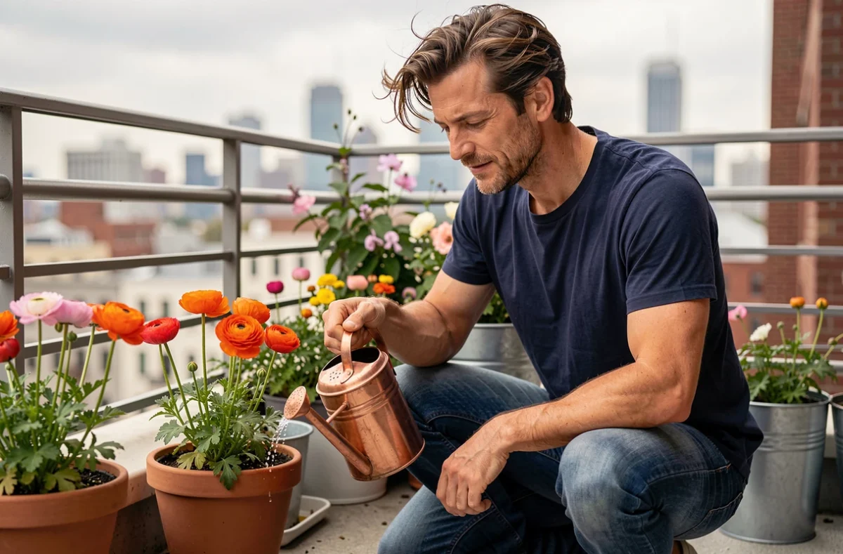 Homme arrosant des renoncules en pot sur un balcon urbain avec arrosoir en cuivre