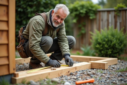 Homme en plein montage d'une base de jardin en bois