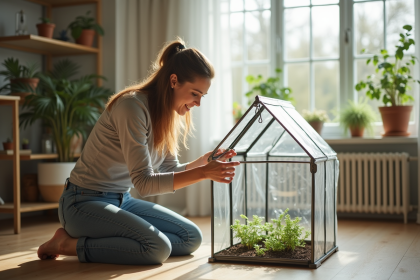 Femme assemble une serre d'intérieur dans un salon lumineux