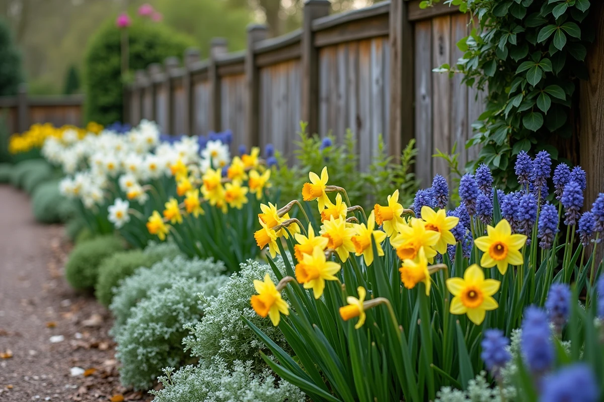 Bordure de jardin printanier associant narcisses, jonquilles, muscaris et alliums devant une clôture en bois rustique