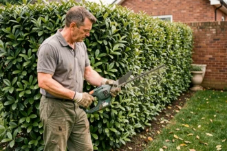 Auto-entrepreneur jardinier en train de tailler une haie de troène dans un jardin résidentiel avec une taille-haie électrique professionnelle