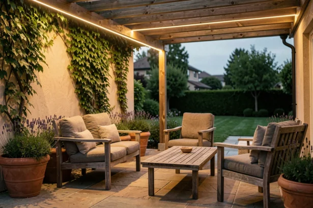 Bande LED solaire installée sous une pergola en bois dans un jardin résidentiel au crépuscule