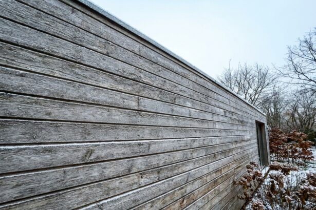 Bardage en bois extérieur recouvert de givre pendant le premier hiver, texture du bois et effets climatiques visibles