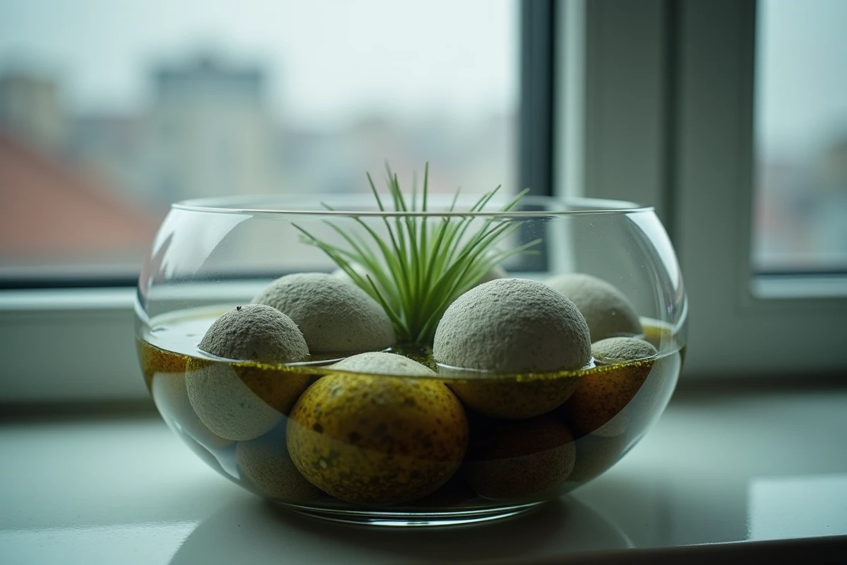 Gros plan sur des billes d'argile encrassées et submergées dans de l'eau stagnante à l'intérieur d'un pot transparent sur un rebord de fenêtre