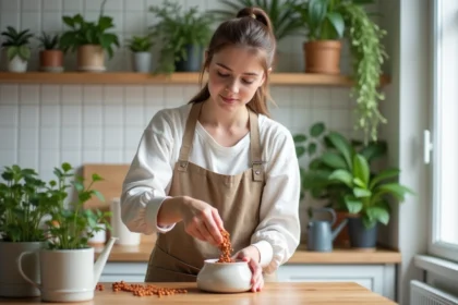 Femme versant des billes d'argile au fond d'un pot de plante d'intérieur dans une cuisine scandinave en bois et blanc
