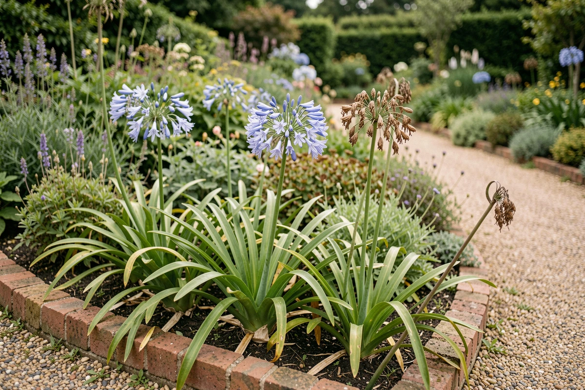 Bordure de jardin avec plusieurs agapanthes à différents stades de taille — fleurs bleues, tiges fanées et souches fraîchement coupées — illustrant le cycle complet d'entretien saisonnier