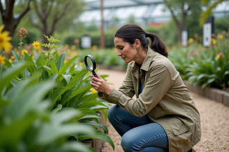 Botaniste femme inspectant une plante rare dans un jardin