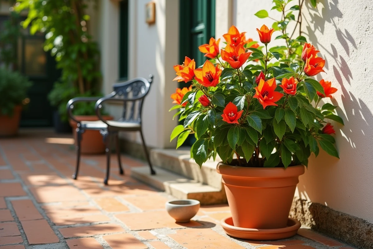 Bougainvillier en floraison précoce au printemps sur une terrasse méditerranéenne avec bractées orange-rouge éclatantes