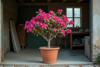 Bougainvillier en pot en hivernage dans un garage, tiges ligneuses et bractées fanées en période de repos végétatif
