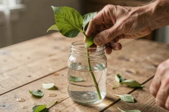 Bouture d'hortensia placée dans un bocal en verre rempli d'eau, posée sur une table en bois rustique