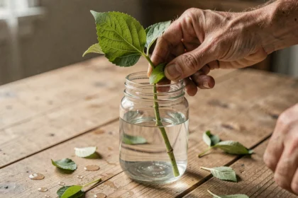 Bouture d'hortensia placée dans un bocal en verre rempli d'eau, posée sur une table en bois rustique