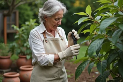 Femme d'âge mûr effectuant une bouture de pivoine arbustive dans son jardin avec un sécateur