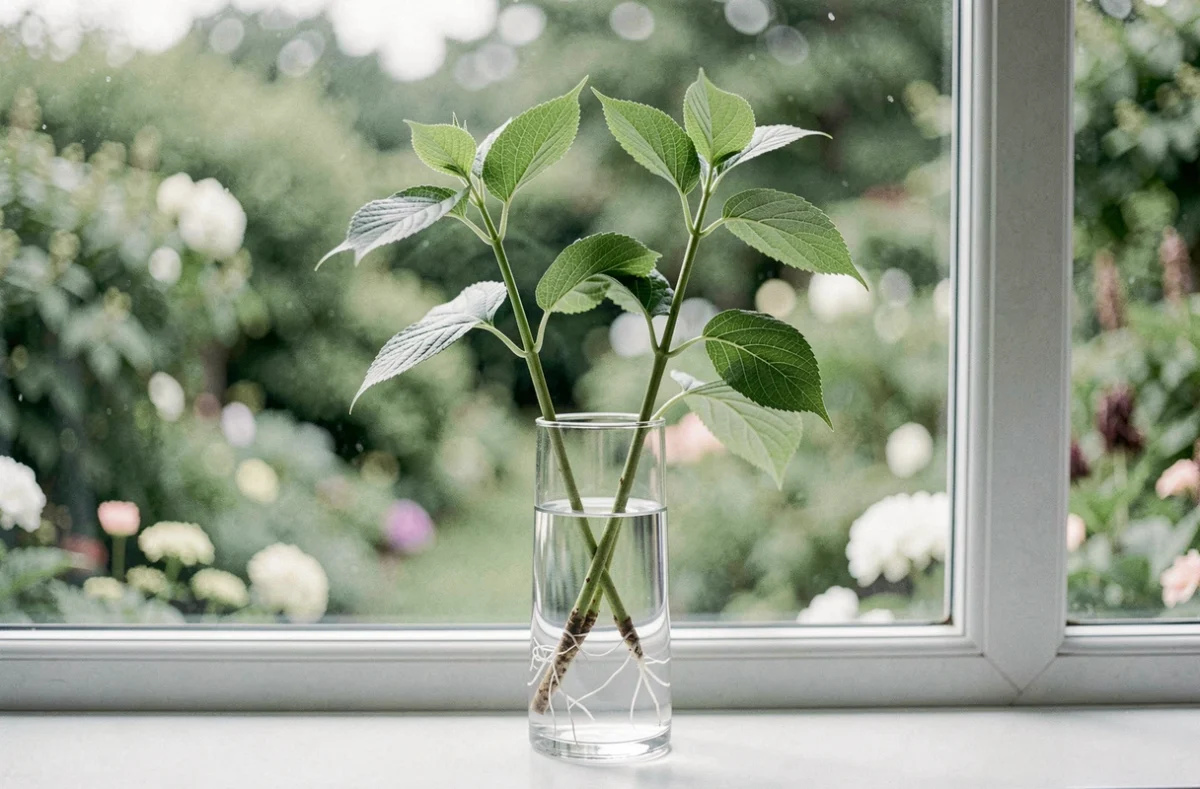 Plusieurs boutures d'hortensia dans un vase en verre avec de petites racines blanches visibles sous l'eau