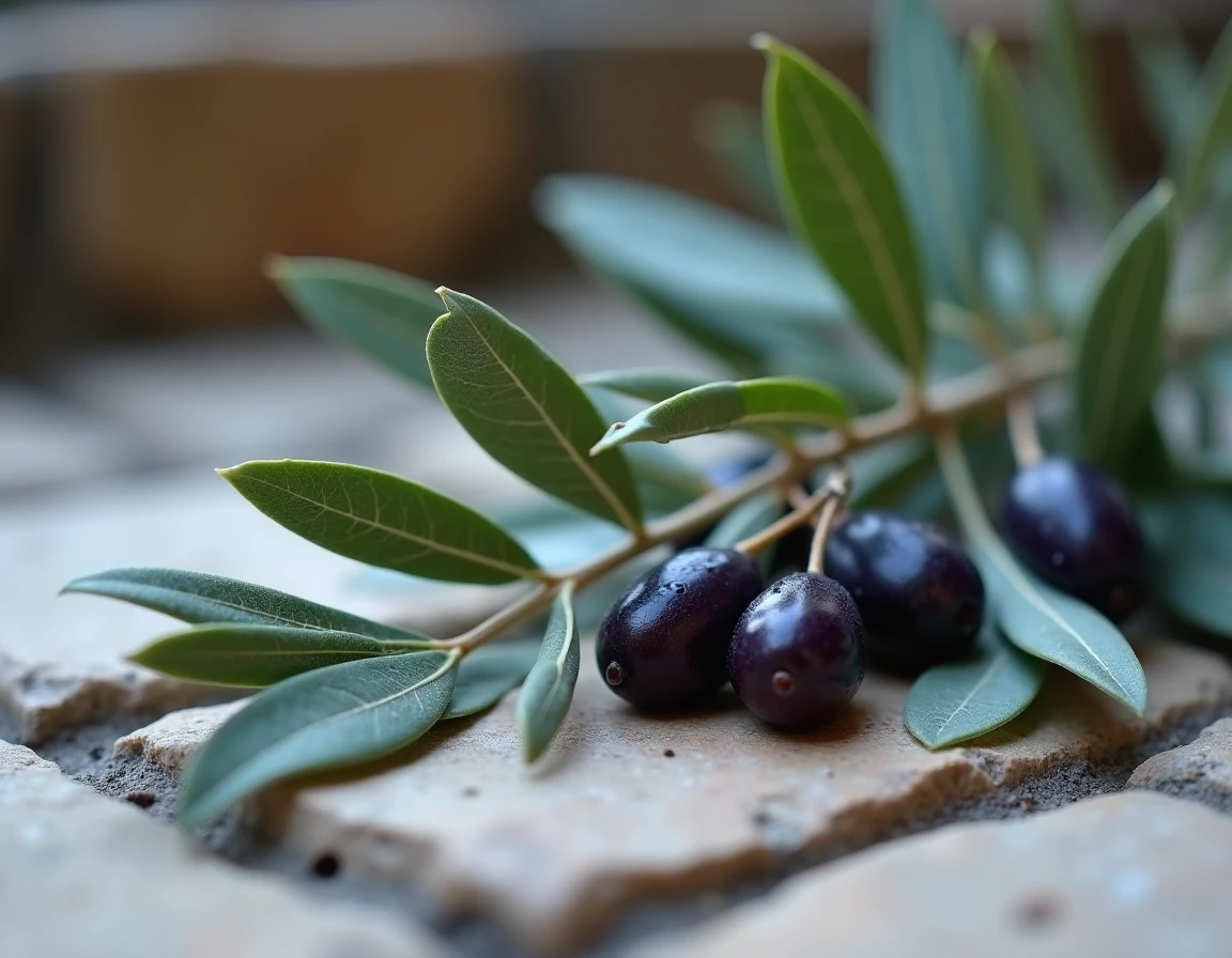 Gros plan de branches d'olivier fraîchement cueillies avec des olives mûres sur une pierre ancienne symbolisant les traditions spirituelles et médicinales
