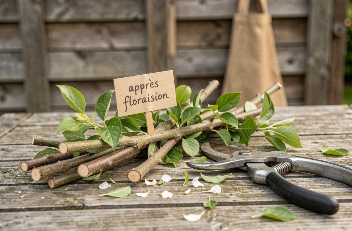Détail de branches de seringat coupées après floraison posées sur une table de jardin avec un sécateur