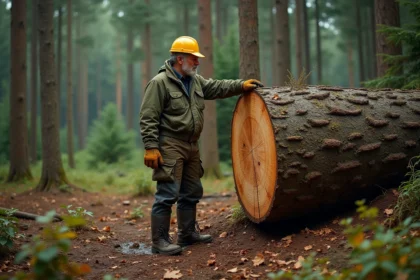 Bûcheron examinant un chêne abattu en forêt pour l'achat de bois de chauffage sur pied