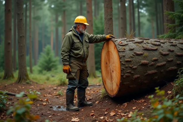 Bûcheron examinant un chêne abattu en forêt pour l'achat de bois de chauffage sur pied