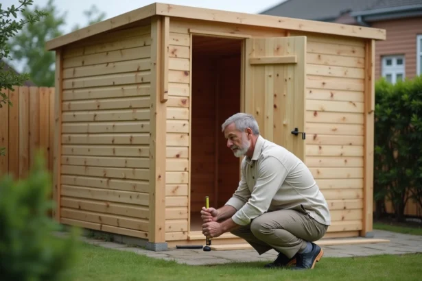 Homme mesurant un cabanon en bois de jardin acheté chez Action avant déclaration administrative