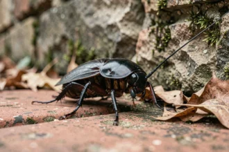 Gros plan d'un cafard de jardin noir se déplaçant sur des pavés en terre cuite humides près d'un mur de pierre couvert de mousse