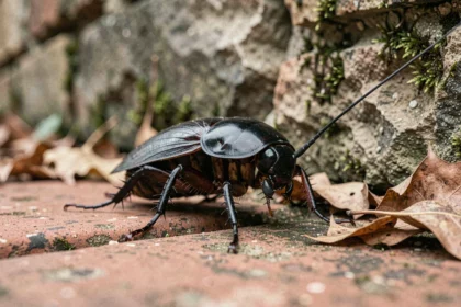 Gros plan d'un cafard de jardin noir se déplaçant sur des pavés en terre cuite humides près d'un mur de pierre couvert de mousse