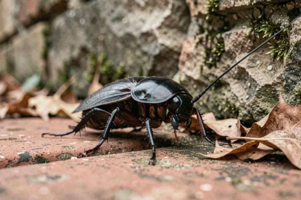 Gros plan d'un cafard de jardin noir se déplaçant sur des pavés en terre cuite humides près d'un mur de pierre couvert de mousse