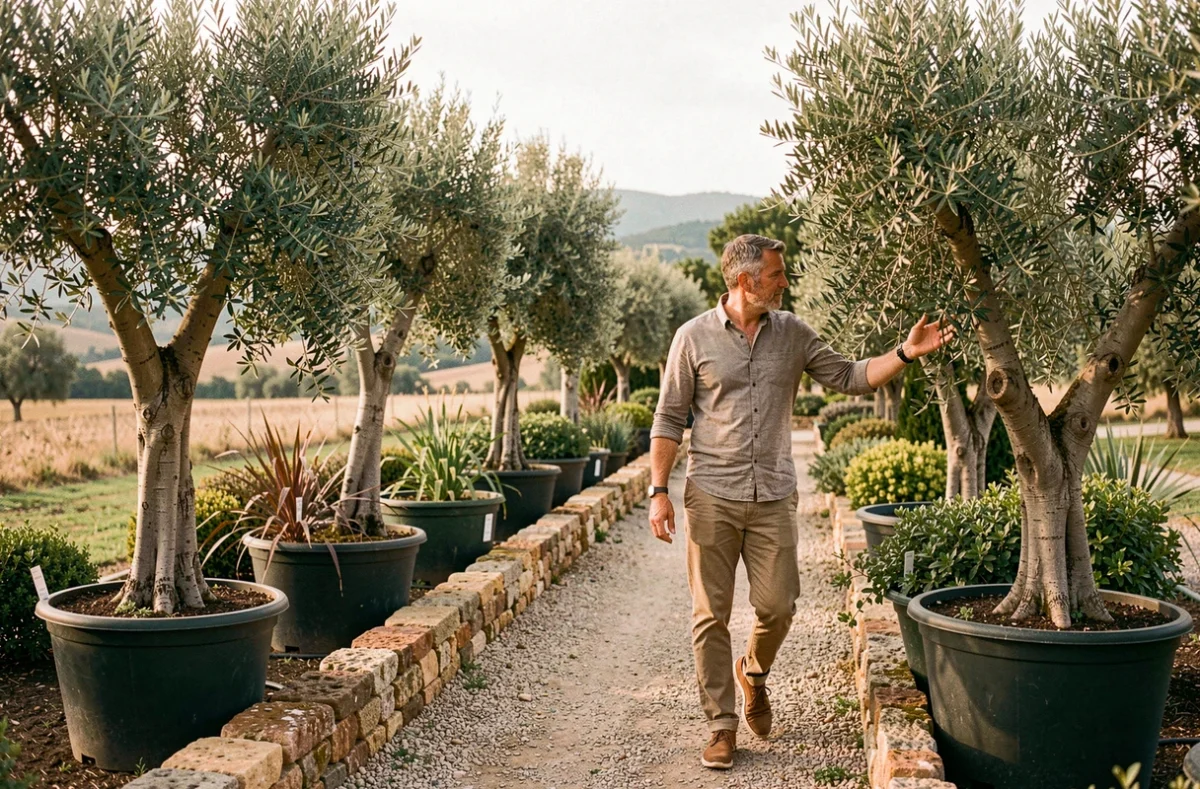 Castelplantes, pépinière spécialisée en arbres et plantes d'extérieur avec oliviers et grands arbustes en conteneurs sur allée de gravier