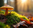 Champignon faux chantarelle sur sol forestier lumineux