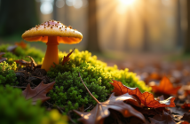 Champignon faux chantarelle sur sol forestier lumineux