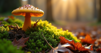 Champignon faux chantarelle sur sol forestier lumineux